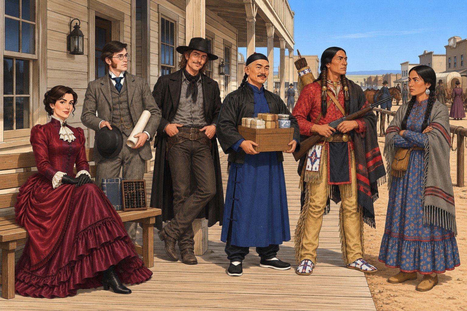 Marchand, Harrow, Carrick, Wong Yik Lun, the Oglala warrior and the Northern Cheyenne interpreter on a Cheyenne boardwalk