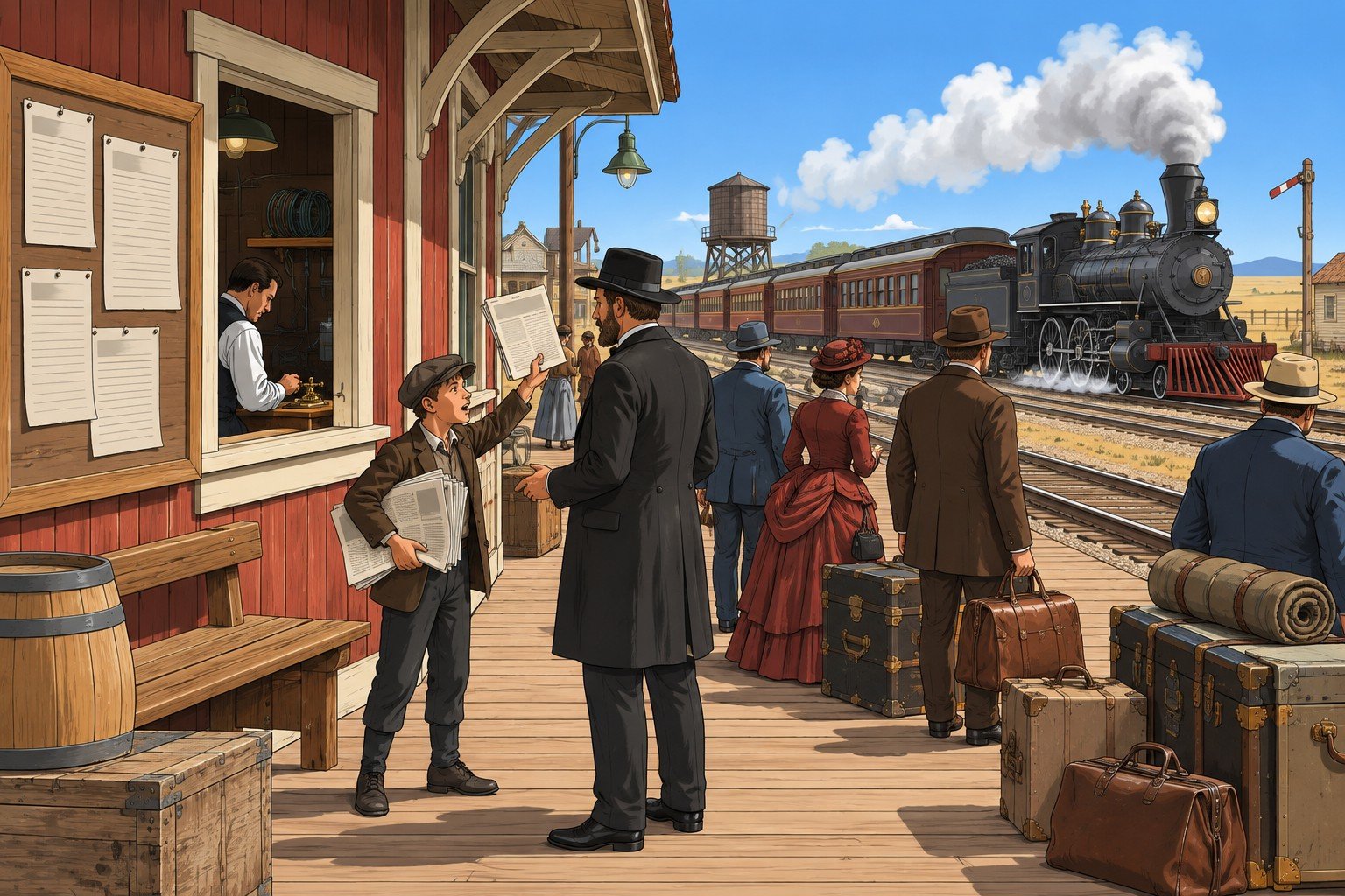 News on the depot platform: a newsboy, the telegraph window and a passing train