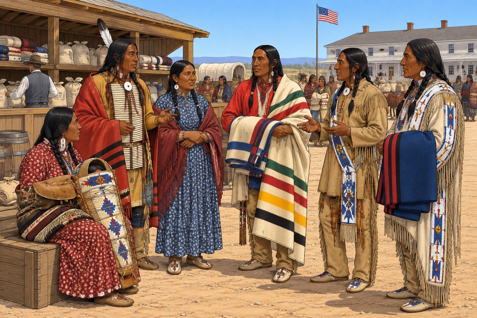 People of several nations together at an agency issue day: Lakota, Northern Cheyenne, Northern Arapaho, Eastern Shoshone, Crow and Ute