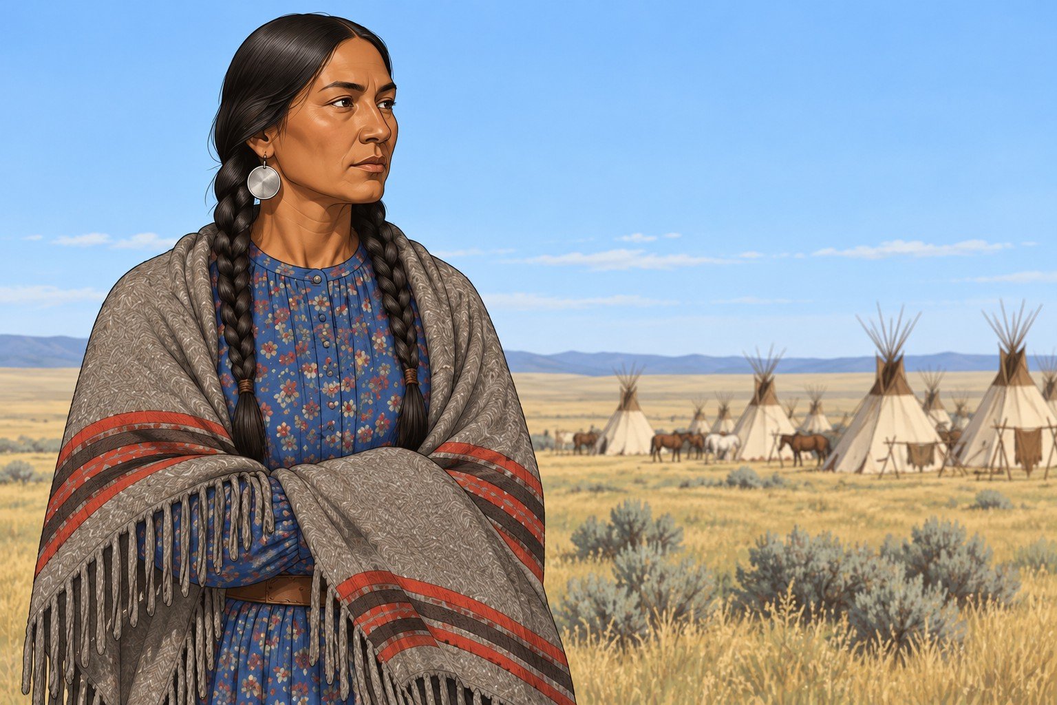 The Northern Cheyenne interpreter at the edge of a camp on the plains