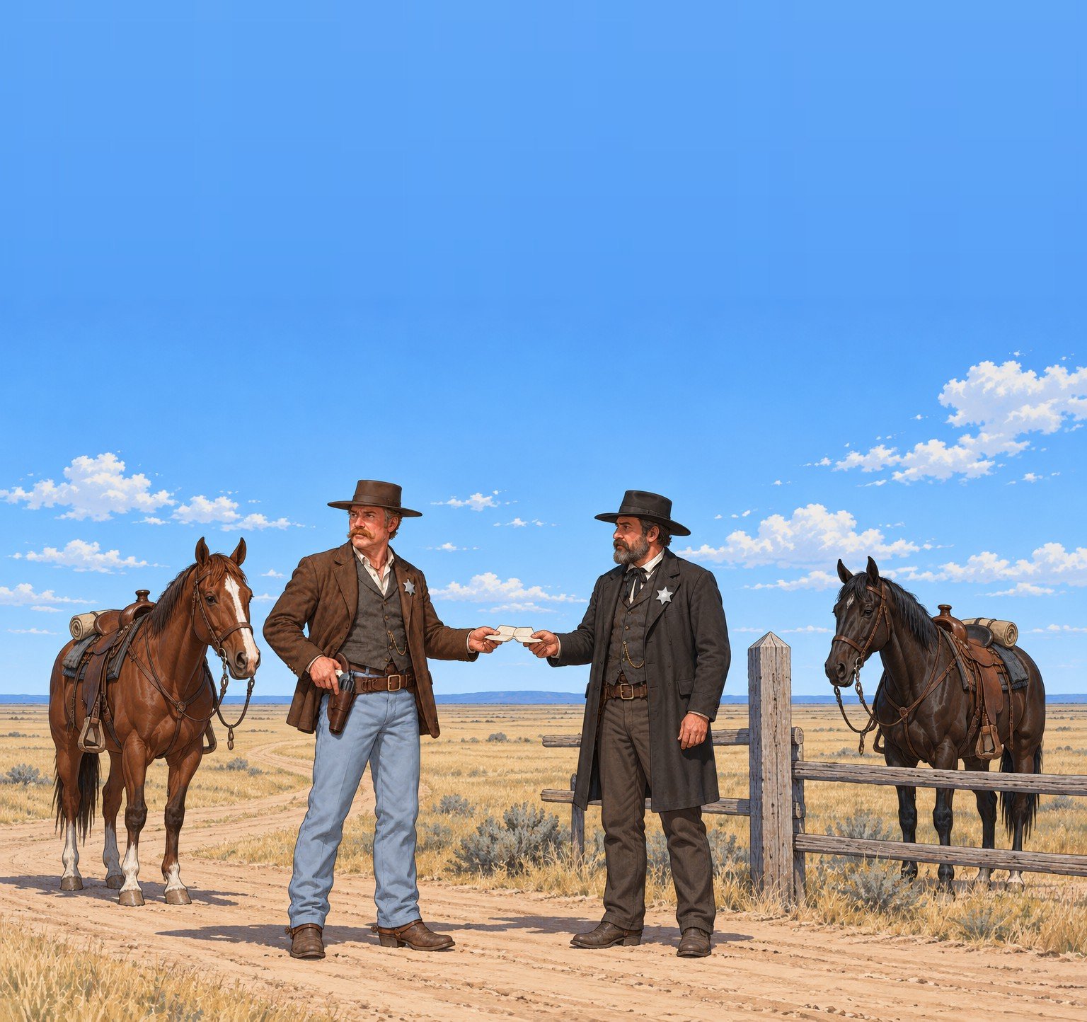 The deputy U.S. marshal hands a warrant to a county sheriff at a county-line post