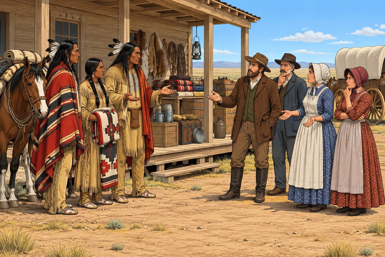 Two groups at a trading post who share no language: a Lakota family with a pack horse and German-speaking settlers with a wagon, each puzzled by the other