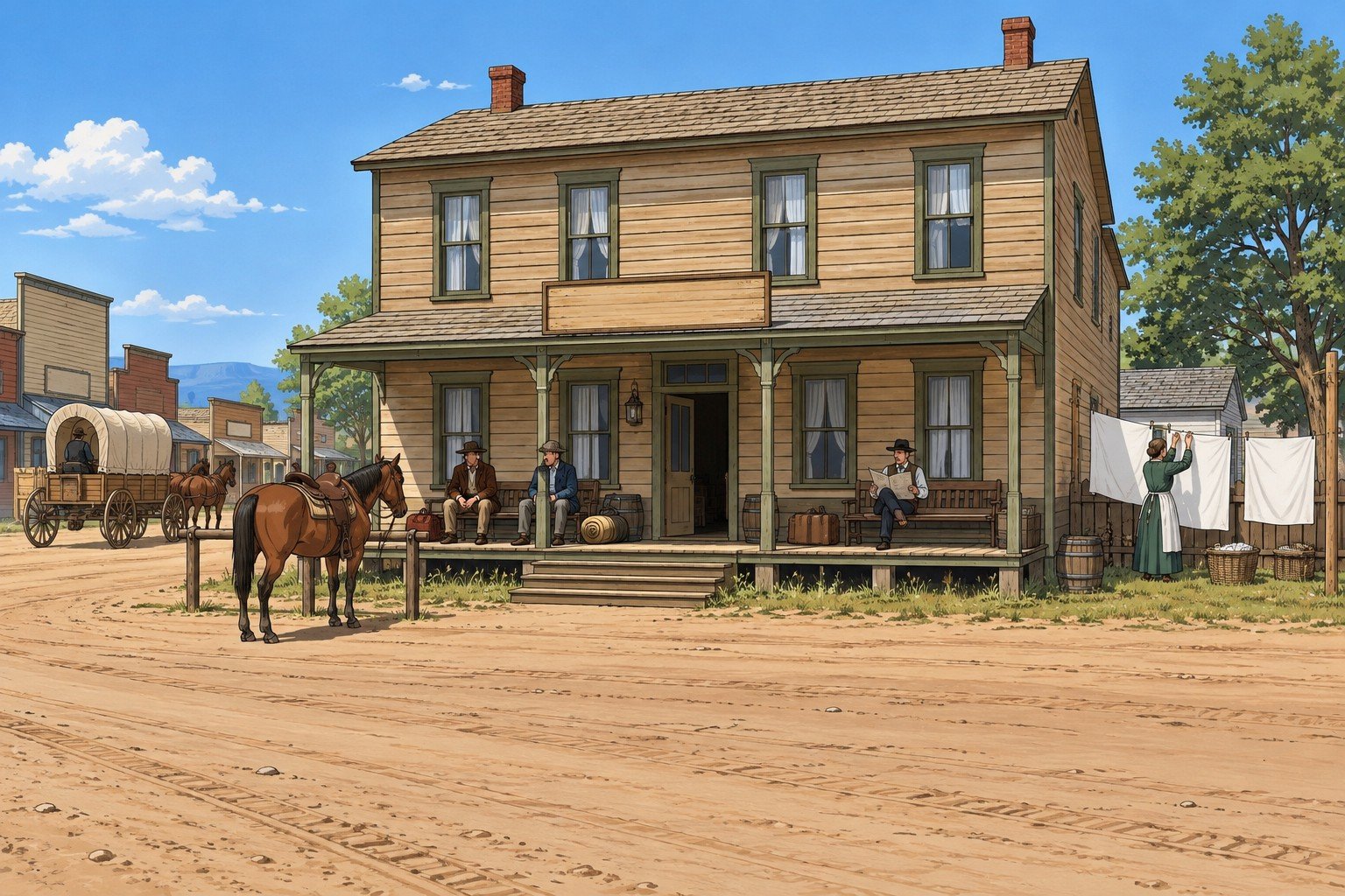 A plain two-storey lodging house on a Cheyenne side street with travellers on the porch and sheets on a line