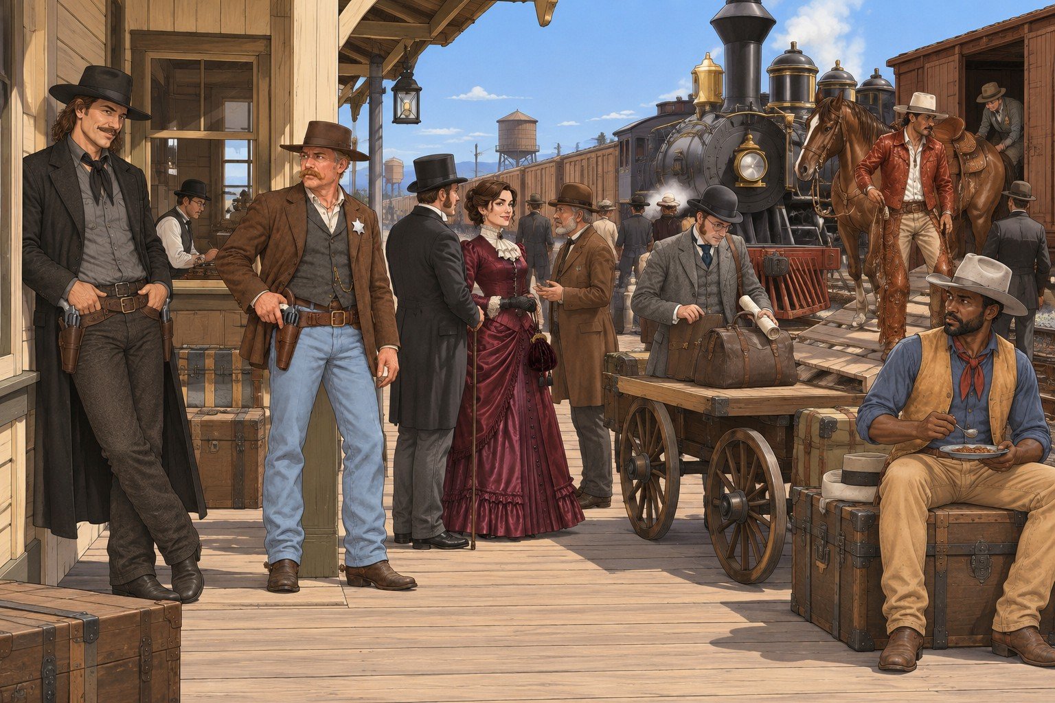 Six of the cast at a junction depot, each at a different task