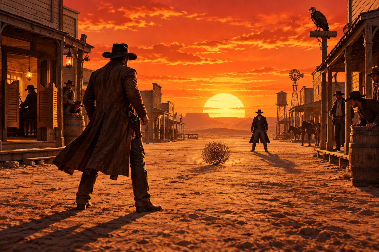 The movie version of the West: a noon duel on an empty street at sunset