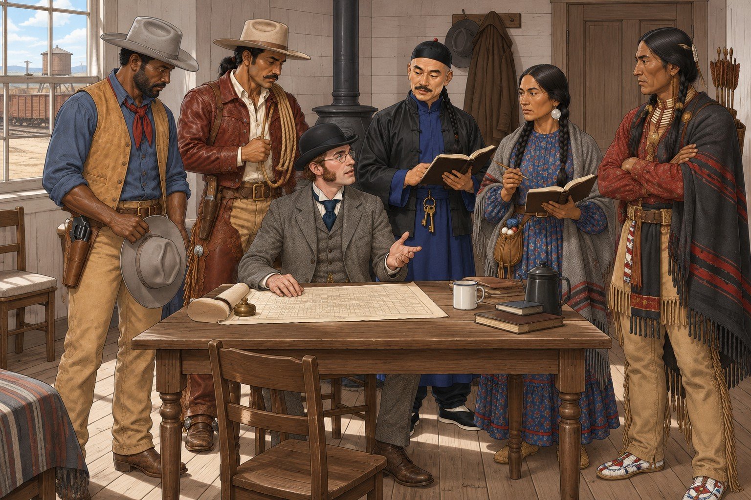 The Hook: Edmund Harrow at the plat with Josiah Tolliver, Anselmo Ybarra, Wong Yik Lun, the Northern Cheyenne interpreter and the Oglala Lakota warrior