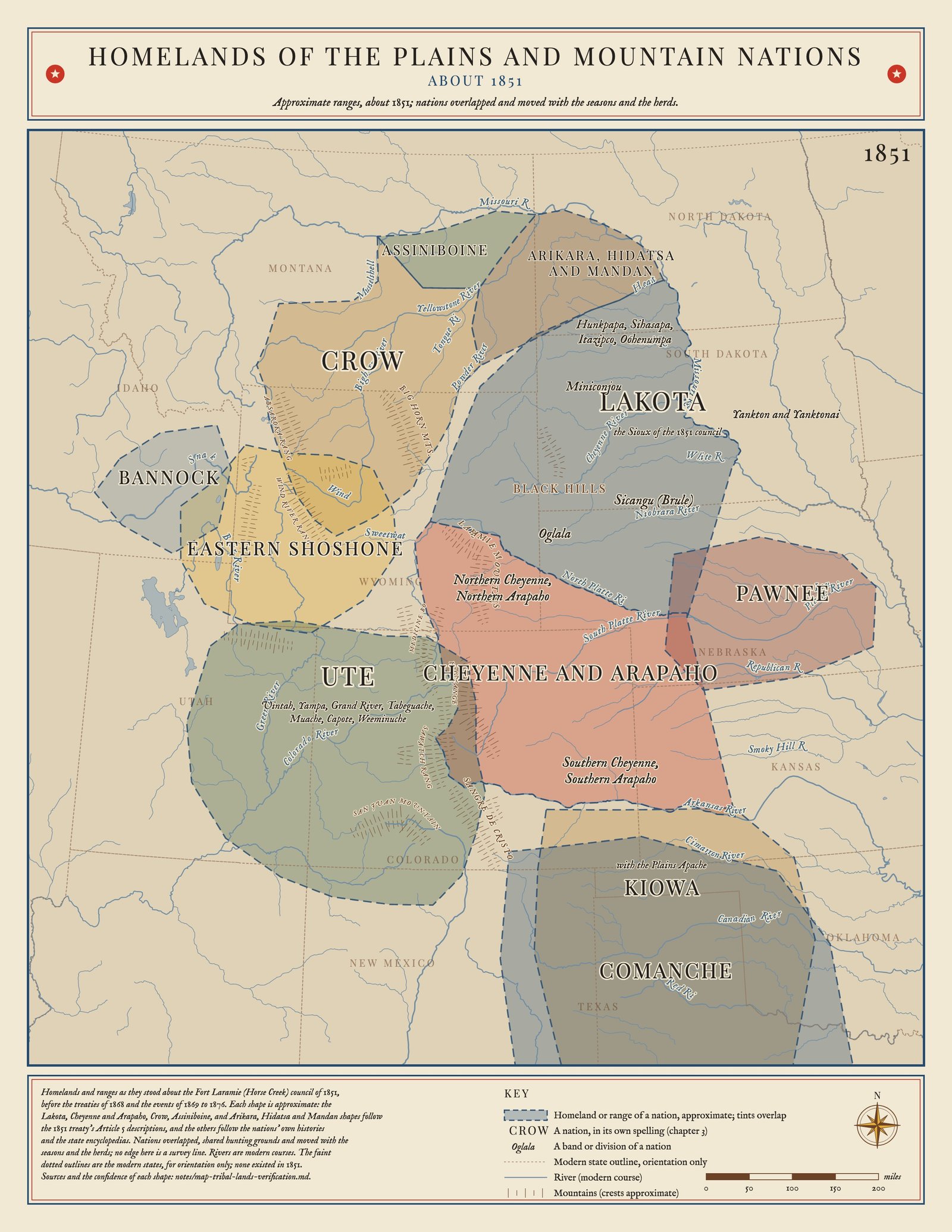 Map of tribal homelands on the northern and central Plains before the United States entered the area